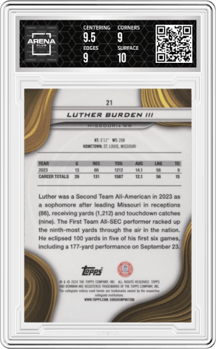 Luther Burden III	 from the 2024 Bowman University Best set featuring a Blue Refractor parallel graded by Arena Club and given an overall grade of 9.5.