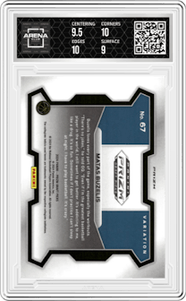 Matas Buzelis from the 2024 Panini Prizm Draft Picks set featuring a Hyper Prizm parallel graded by Arena Club and given an overall grade of 9.5.