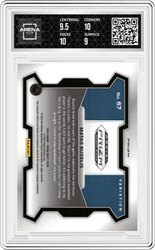 Matas Buzelis from the 2024 Panini Prizm Draft Picks set featuring a Hyper Prizm parallel graded by Arena Club and given an overall grade of 9.5.
