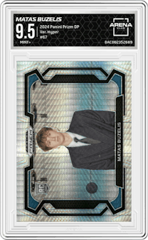 Matas Buzelis from the 2024 Panini Prizm Draft Picks set featuring a Hyper Prizm parallel graded by Arena Club and given an overall grade of 9.5.