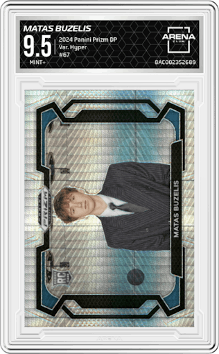 Matas Buzelis from the 2024 Panini Prizm Draft Picks set featuring a Hyper Prizm parallel graded by Arena Club and given an overall grade of 9.5.