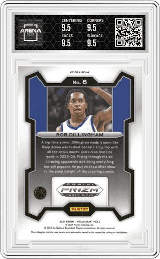 Rob Dillingham from the 2024 Panini Prizm Draft Picks set featuring a Red Wave parallel graded by Arena Club and given an overall grade of 9.5.