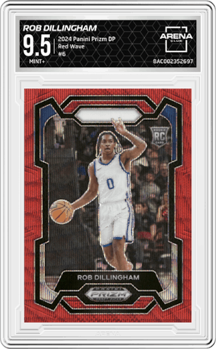 Rob Dillingham from the 2024 Panini Prizm Draft Picks set featuring a Red Wave parallel graded by Arena Club and given an overall grade of 9.5.