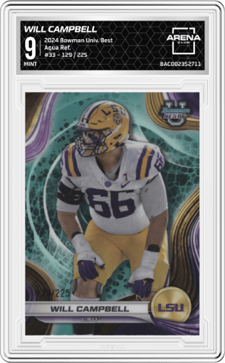 Will Campbell	 from the 2024 Bowman University Best set featuring a Aqua Refractor parallel graded by Arena Club and given an overall grade of 9.