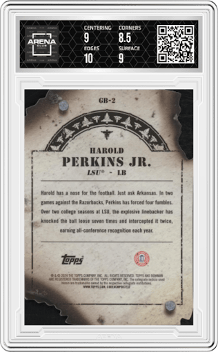 Harold Perkins Jr. from the 2024 Bowman University Best set featuring a Speckle Refractor parallel graded by Arena Club and given an overall grade of 9.