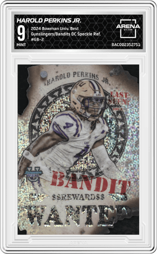 Harold Perkins Jr. from the 2024 Bowman University Best set featuring a Speckle Refractor parallel graded by Arena Club and given an overall grade of 9.