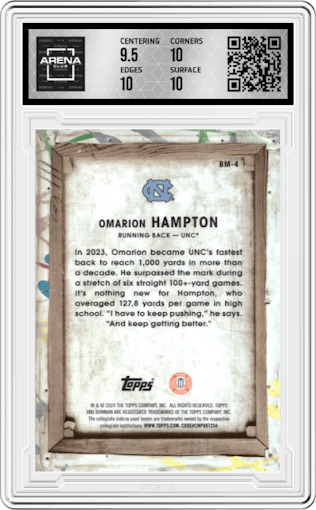 Omarion Hampton from the 2024 Bowman University Best set graded by Arena Club and given an overall grade of 10.