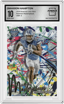 Omarion Hampton from the 2024 Bowman University Best set graded by Arena Club and given an overall grade of 10.