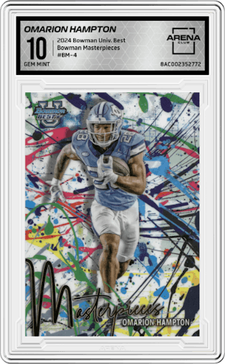 Omarion Hampton from the 2024 Bowman University Best set graded by Arena Club and given an overall grade of 10.