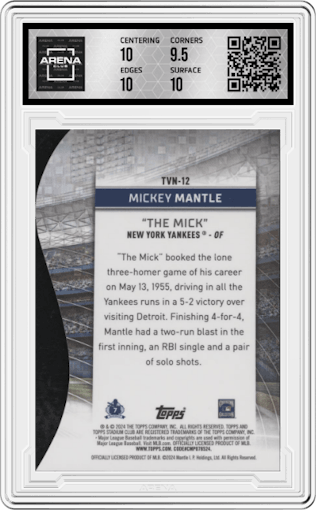 Mickey Mantle from the 2024 Topps Stadium Club set graded by Arena Club and given an overall grade of 10.