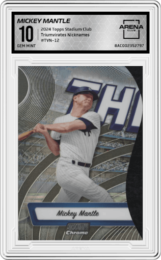 Mickey Mantle from the 2024 Topps Stadium Club set graded by Arena Club and given an overall grade of 10.