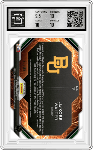 Ja'Kobe Walter from the 2024 Panini Prizm Draft Picks set featuring a Wave parallel graded by Arena Club and given an overall grade of 10.