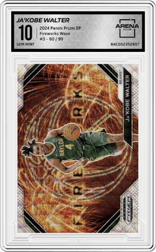 Ja'Kobe Walter from the 2024 Panini Prizm Draft Picks set featuring a Wave parallel graded by Arena Club and given an overall grade of 10.