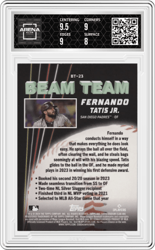 Fernando Tatis Jr. from the 2024 Topps Stadium Club set graded by Arena Club and given an overall grade of 8.5.