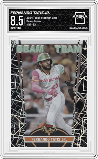 Fernando Tatis Jr. from the 2024 Topps Stadium Club set graded by Arena Club and given an overall grade of 8.5.