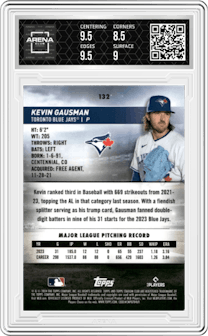 Kevin Gausman from the 2024 Topps Stadium Club set featuring a Purple Refractor parallel graded by Arena Club and given an overall grade of 9.