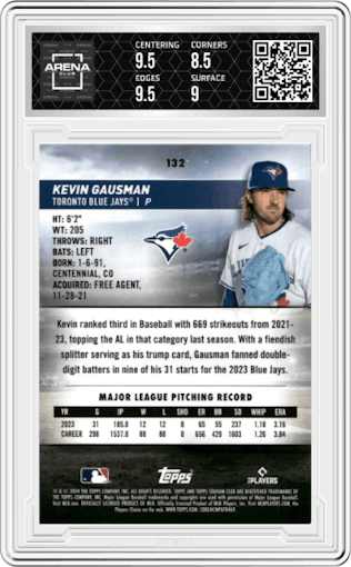 Kevin Gausman from the 2024 Topps Stadium Club set featuring a Purple Refractor parallel graded by Arena Club and given an overall grade of 9.