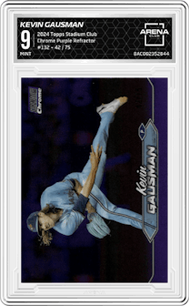 Kevin Gausman from the 2024 Topps Stadium Club set featuring a Purple Refractor parallel graded by Arena Club and given an overall grade of 9.