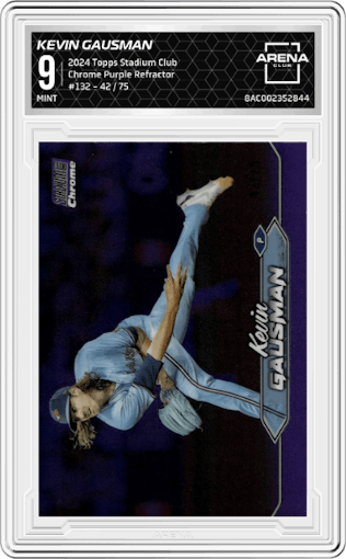 Kevin Gausman from the 2024 Topps Stadium Club set featuring a Purple Refractor parallel graded by Arena Club and given an overall grade of 9.