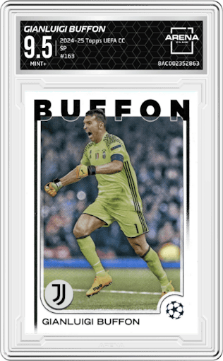 Gianluigi Buffon from the 2024-25 Topps UEFA Club Competitions set graded by Arena Club and given an overall grade of 9.5.