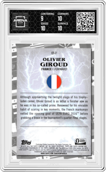 Olivier Giroud from the 2024 Topps Chrome UEFA EURO set graded by Arena Club and given an overall grade of 9.5.