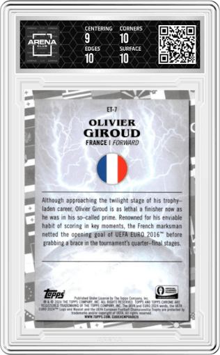 Olivier Giroud from the 2024 Topps Chrome UEFA EURO set graded by Arena Club and given an overall grade of 9.5.