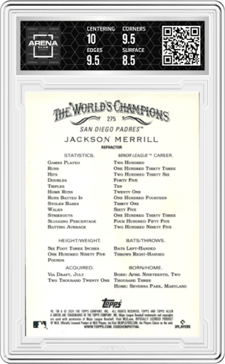 Jackson Merrill from the 2024 Topps Allen & Ginter set featuring a Refractor parallel graded by Arena Club and given an overall grade of 9.