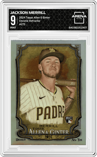 Jackson Merrill from the 2024 Topps Allen & Ginter set featuring a Refractor parallel graded by Arena Club and given an overall grade of 9.