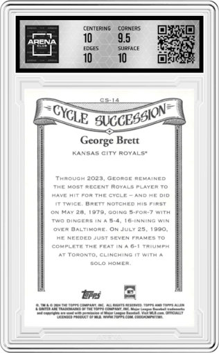 George Brett from the 2024 Topps Allen & Ginter set graded by Arena Club and given an overall grade of 10.