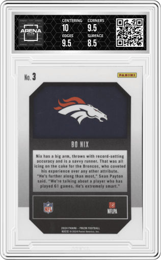 Bo Nix from the 2024 Panini Prizm set graded by Arena Club and given an overall grade of 9.