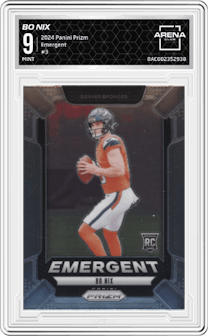 Bo Nix from the 2024 Panini Prizm set graded by Arena Club and given an overall grade of 9.
