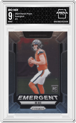 Bo Nix from the 2024 Panini Prizm set graded by Arena Club and given an overall grade of 9.