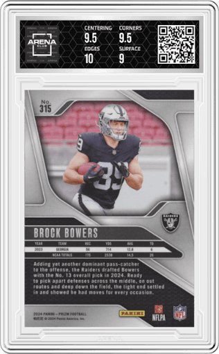 Brock Bowers from the 2024 Panini Prizm set graded by Arena Club and given an overall grade of 9.5.