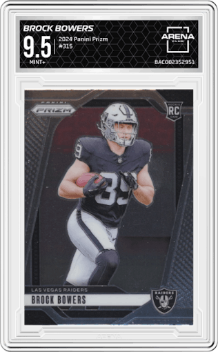 Brock Bowers from the 2024 Panini Prizm set graded by Arena Club and given an overall grade of 9.5.