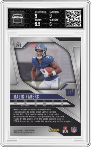 Malik Nabers from the 2024 Panini Prizm set graded by Arena Club and given an overall grade of 6.5.