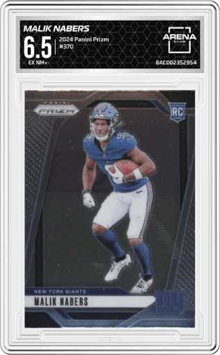 Malik Nabers from the 2024 Panini Prizm set graded by Arena Club and given an overall grade of 6.5.