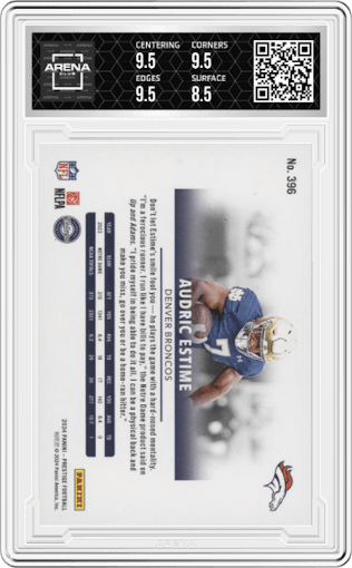 Audric Estime  from the 2024 Panini Prestige  set featuring a Purple Xtra Points parallel graded by Arena Club and given an overall grade of 9.