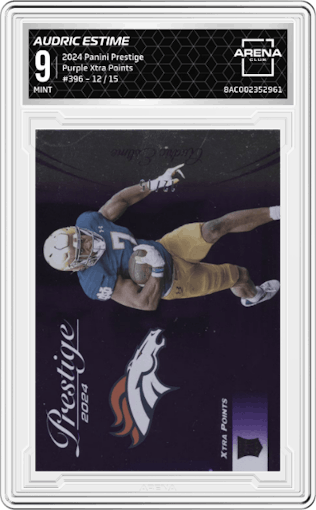 Audric Estime  from the 2024 Panini Prestige  set featuring a Purple Xtra Points parallel graded by Arena Club and given an overall grade of 9.