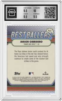 Junior Caminero from the 2024 Bowman's Best set graded by Arena Club and given an overall grade of 10.