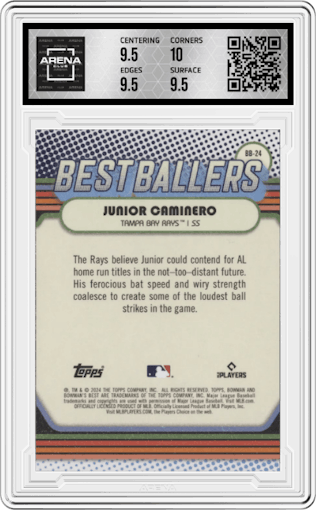 Junior Caminero from the 2024 Bowman's Best set graded by Arena Club and given an overall grade of 10.