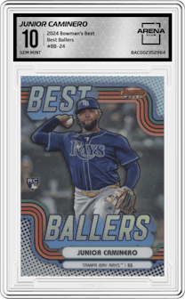 Junior Caminero from the 2024 Bowman's Best set graded by Arena Club and given an overall grade of 10.