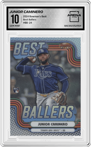Junior Caminero from the 2024 Bowman's Best set graded by Arena Club and given an overall grade of 10.
