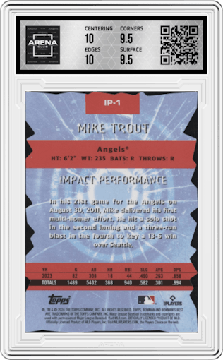 Mike Trout from the 2024 Bowman's Best set graded by Arena Club and given an overall grade of 10.