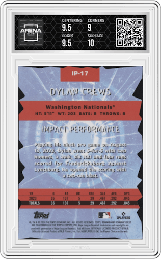 Dylan Crews from the 2024 Bowman's Best set graded by Arena Club and given an overall grade of 9.5.