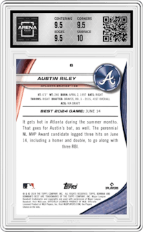 Austin Riley from the 2024 Bowman's Best set featuring a Blue X-Fractor parallel graded by Arena Club and given an overall grade of 10.