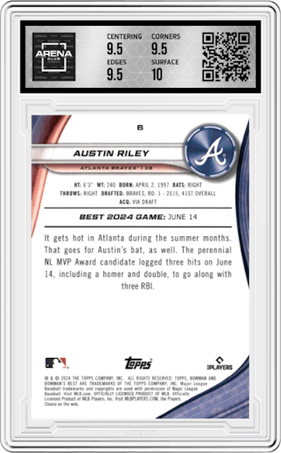 Austin Riley from the 2024 Bowman's Best set featuring a Blue X-Fractor parallel graded by Arena Club and given an overall grade of 10.
