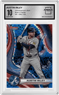 Austin Riley from the 2024 Bowman's Best set featuring a Blue X-Fractor parallel graded by Arena Club and given an overall grade of 10.