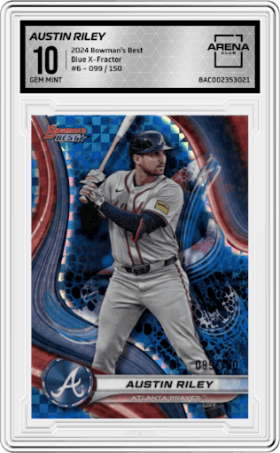 Austin Riley from the 2024 Bowman's Best set featuring a Blue X-Fractor parallel graded by Arena Club and given an overall grade of 10.