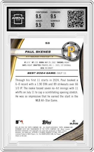 Paul Skenes from the 2024 Bowman's Best set featuring a Wave Refractor parallel graded by Arena Club and given an overall grade of 10.