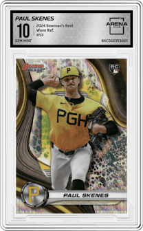 Paul Skenes from the 2024 Bowman's Best set featuring a Wave Refractor parallel graded by Arena Club and given an overall grade of 10.